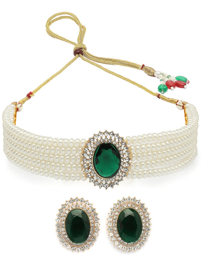 Sukkhi Eye-Catchy Gold Plated with Multi String Faux Pearls Green Choker Necklace with Studs Earring Jewellery Set For Women & Girls|NS107390