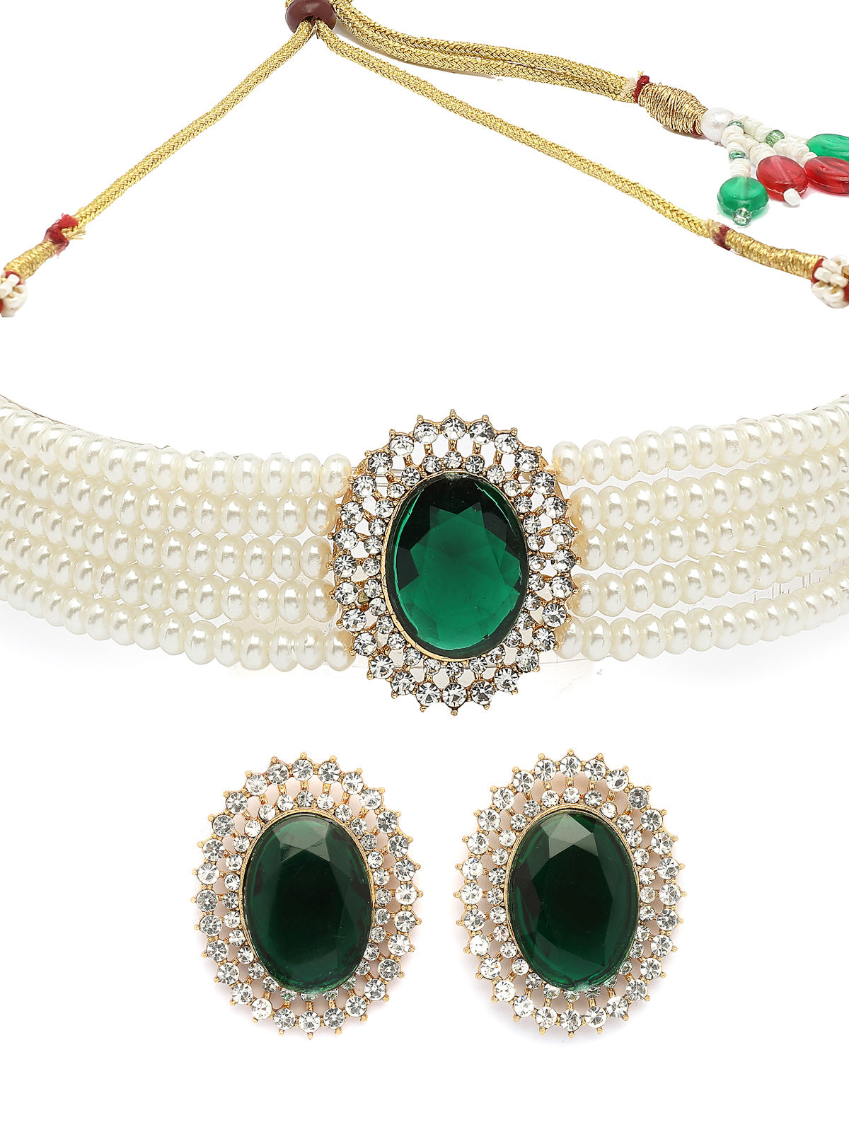 Sukkhi Eye-Catchy Gold Plated with Multi String Faux Pearls Green Choker Necklace with Studs Earring Jewellery Set For Women & Girls|NS107390