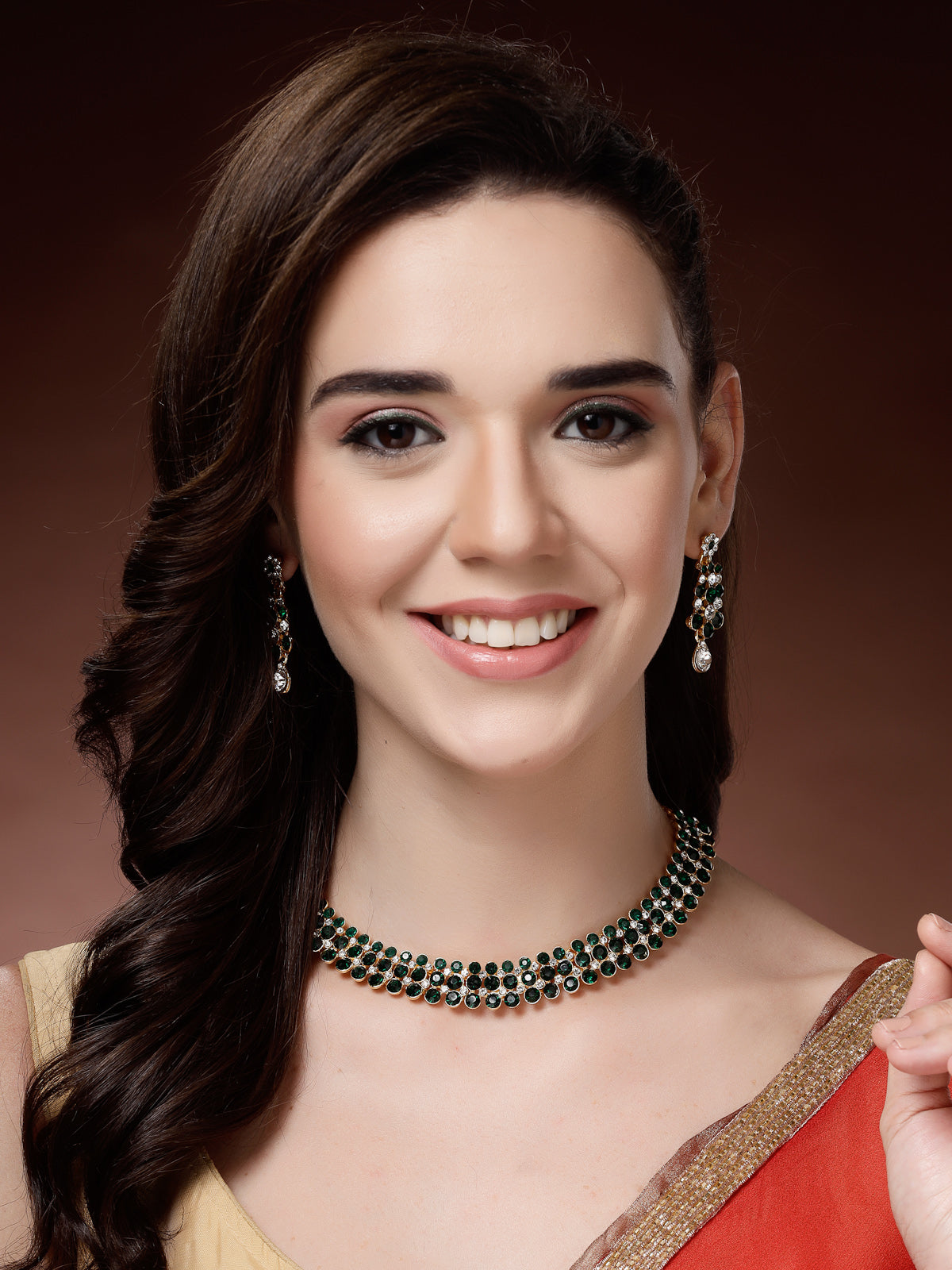 Sukkhi Elegant Fashion Design Gold Plated AD Stones Studded Green Choker Necklace with Dangle Earring Jewellery For Women & Girls| Best Suited for All Occasions|NS107391