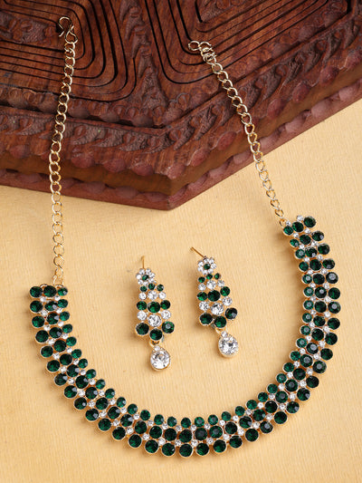 Sukkhi Elegant Fashion Design Gold Plated AD Stones Studded Green Choker Necklace with Dangle Earring Jewellery For Women & Girls| Best Suited for All Occasions|NS107391