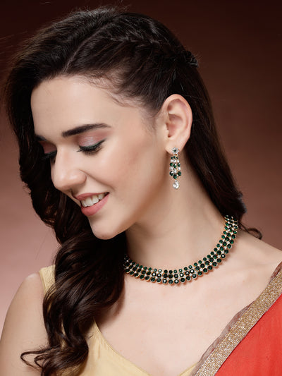 Sukkhi Elegant Fashion Design Gold Plated AD Stones Studded Green Choker Necklace with Dangle Earring Jewellery For Women & Girls| Best Suited for All Occasions|NS107391