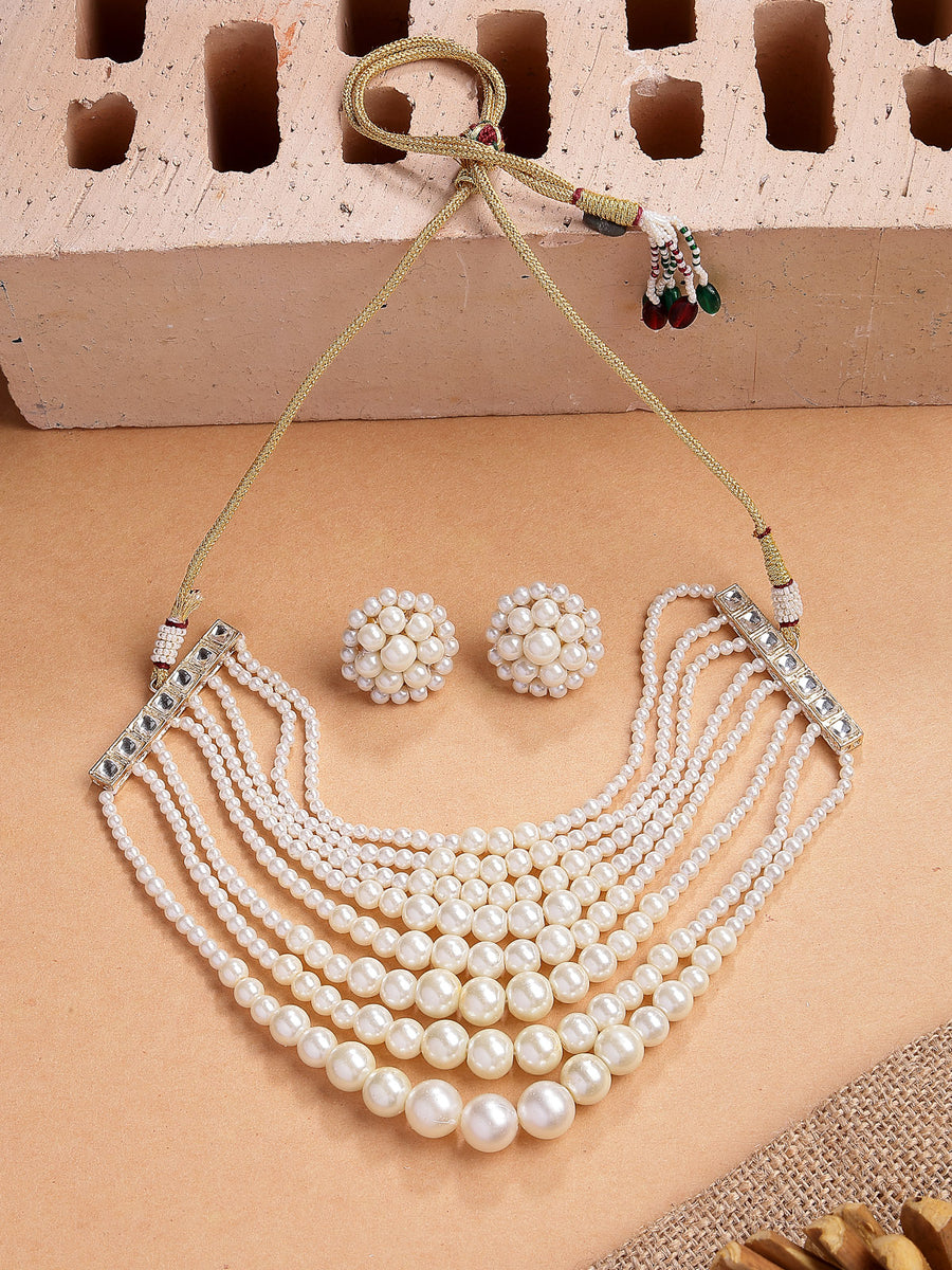 Sukkhi Beautiful Bright Gold Plated Handmade Multilayer Pearls Choker Necklace with Studs Earring Jewellery Set For Women & Girls|Perfect for All Occasions|NS107392