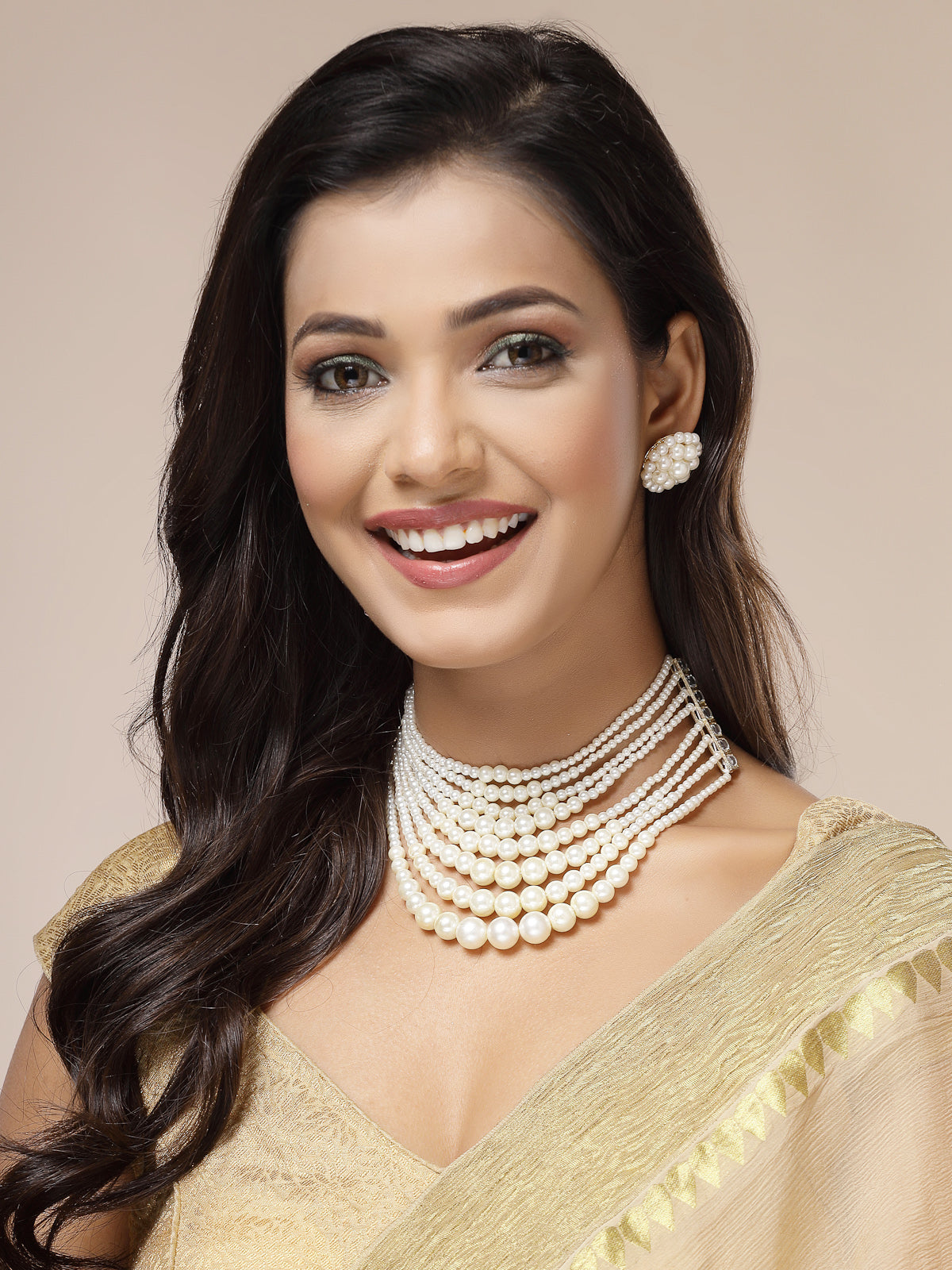 Sukkhi Beautiful Bright Gold Plated Handmade Multilayer Pearls Choker Necklace with Studs Earring Jewellery Set For Women & Girls|Perfect for All Occasions|NS107392