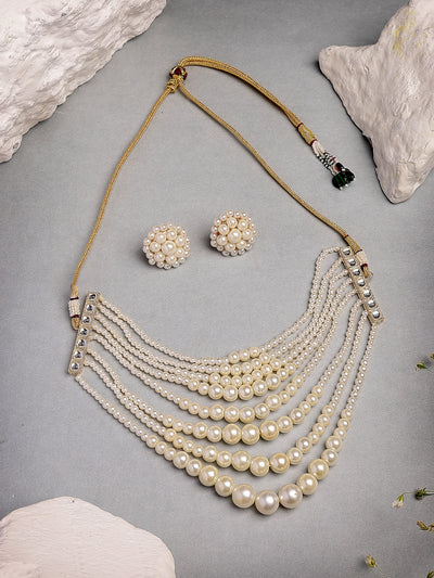 Sukkhi Beautiful Bright Gold Plated Handmade Multilayer Pearls Choker Necklace with Studs Earring Jewellery Set For Women & Girls|Perfect for All Occasions|NS107392