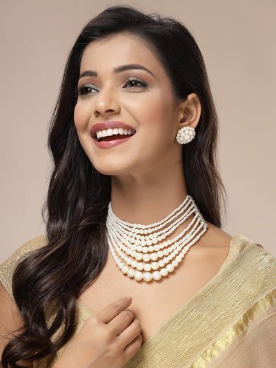 Sukkhi Beautiful Bright Gold Plated Handmade Multilayer Pearls Choker Necklace with Studs Earring Jewellery Set For Women & Girls|Perfect for All Occasions|NS107392