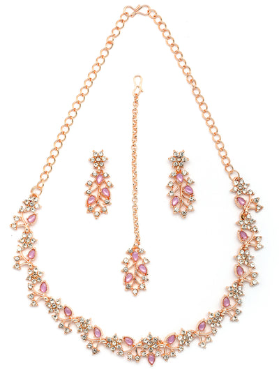 Sukkhi American Diamond AD Stone Studded Floral & Leaf Shaped Rose God Plated Purple Choker Necklace with Dangle Earring Maangtikka Jewellery Set for Women & Girls|NS107393