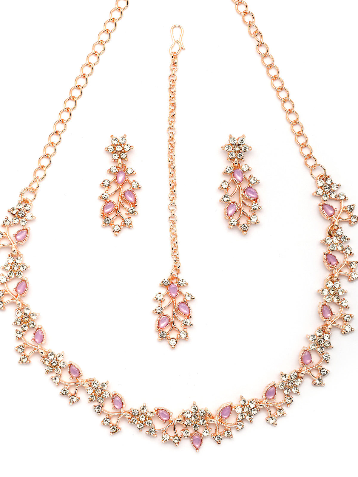 Sukkhi American Diamond AD Stone Studded Floral & Leaf Shaped Rose God Plated Purple Choker Necklace with Dangle Earring Maangtikka Jewellery Set for Women & Girls|NS107393