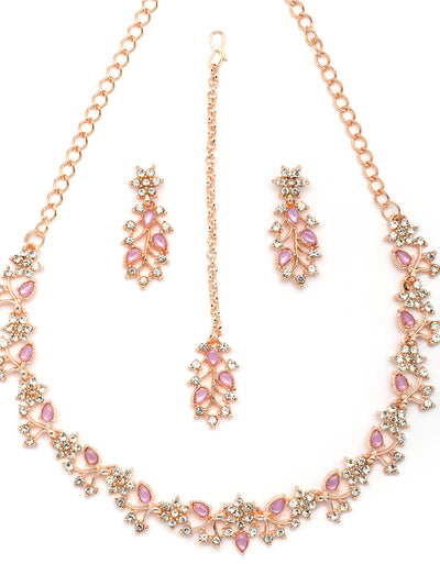 Sukkhi American Diamond AD Stone Studded Floral & Leaf Shaped Rose God Plated Purple Choker Necklace with Dangle Earring Maangtikka Jewellery Set for Women & Girls|NS107393