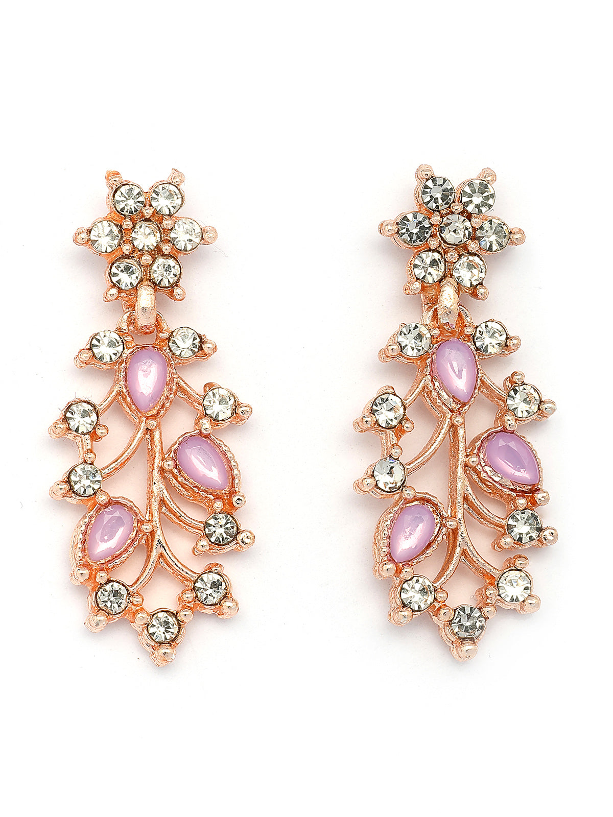 Sukkhi American Diamond AD Stone Studded Floral & Leaf Shaped Rose God Plated Purple Choker Necklace with Dangle Earring Maangtikka Jewellery Set for Women & Girls|NS107393