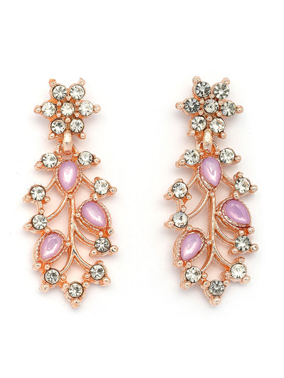 Sukkhi American Diamond AD Stone Studded Floral & Leaf Shaped Rose God Plated Purple Choker Necklace with Dangle Earring Maangtikka Jewellery Set for Women & Girls|NS107393