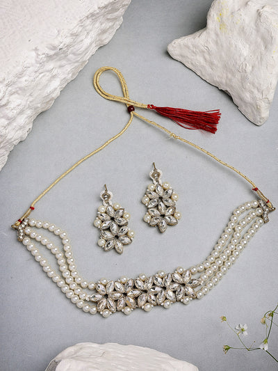 Sukkhi Unique Fashionable Gold Tone AD Stone Shine Stones Studded & Multistrand Pearls Choker Necklace with Drop Earring Jewellery Set For Women & Girls|NS107394