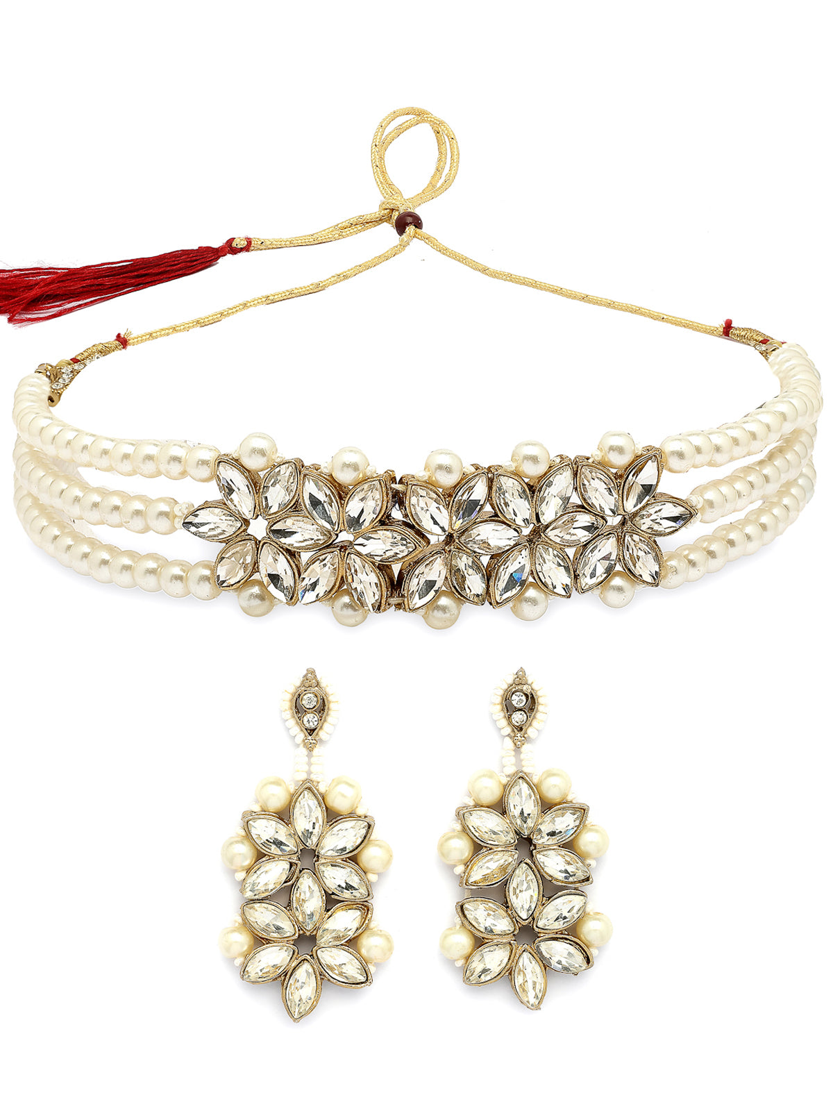 Sukkhi Unique Fashionable Gold Tone AD Stone Shine Stones Studded & Multistrand Pearls Choker Necklace with Drop Earring Jewellery Set For Women & Girls|NS107394