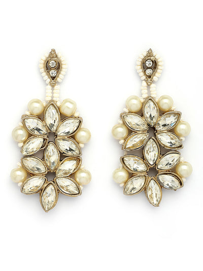 Sukkhi Unique Fashionable Gold Tone AD Stone Shine Stones Studded & Multistrand Pearls Choker Necklace with Drop Earring Jewellery Set For Women & Girls|NS107394