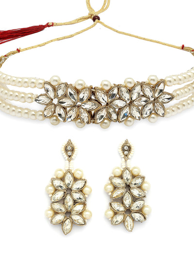Sukkhi Unique Fashionable Gold Tone AD Stone Shine Stones Studded & Multistrand Pearls Choker Necklace with Drop Earring Jewellery Set For Women & Girls|NS107394