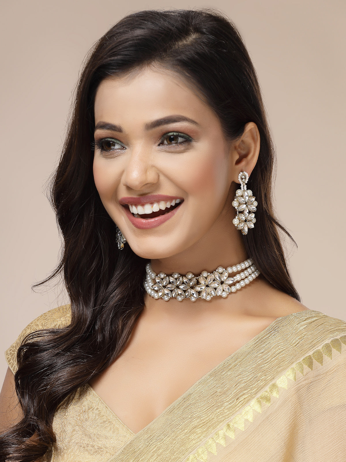 Sukkhi Unique Fashionable Gold Tone AD Stone Shine Stones Studded & Multistrand Pearls Choker Necklace with Drop Earring Jewellery Set For Women & Girls|NS107394