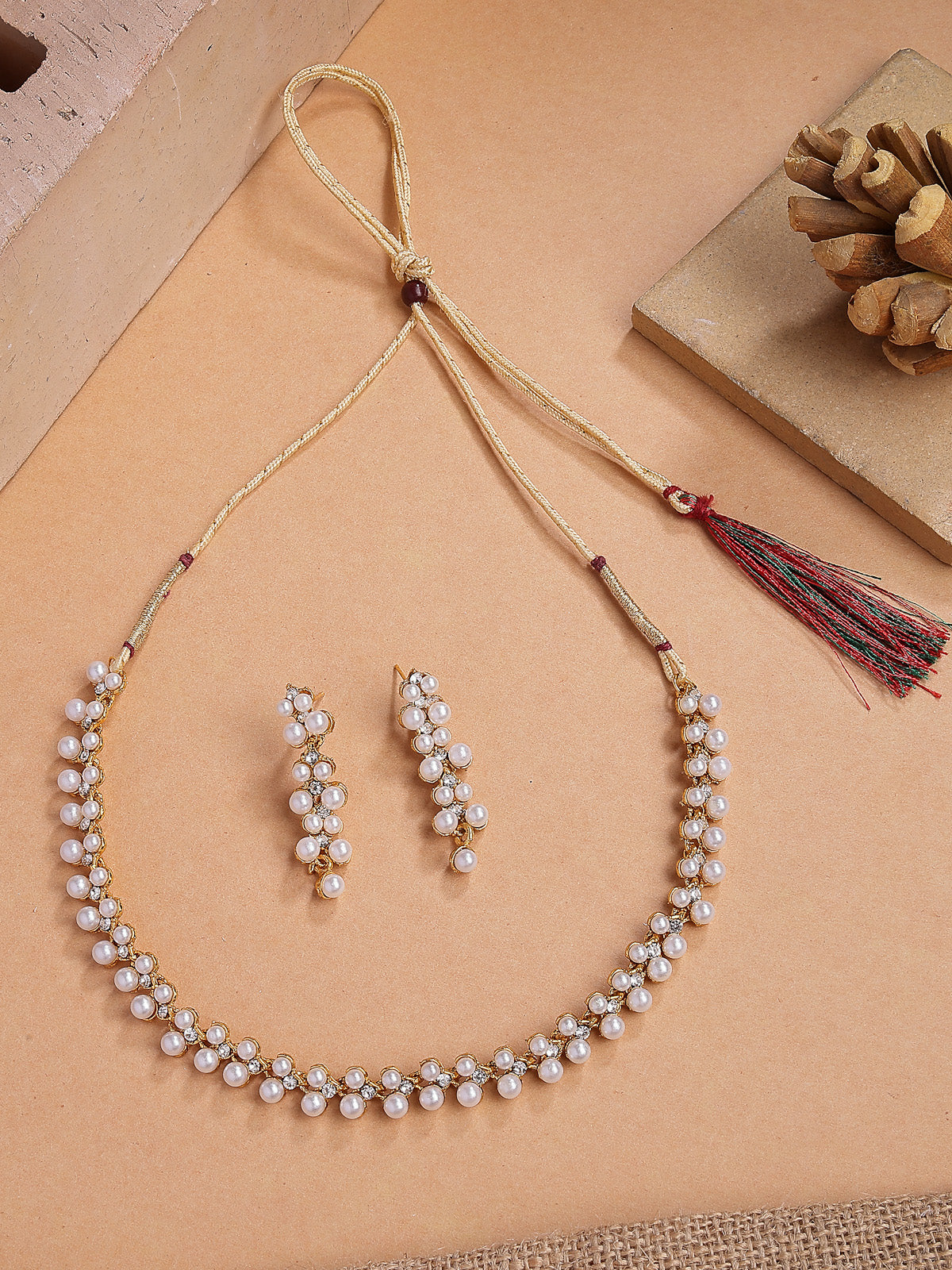 Sukkhi Beautiful Stylish Gold Plated Pearls Studded Choker Necklace with Dangle Earring Jewellery For Women & Girls|NS107395