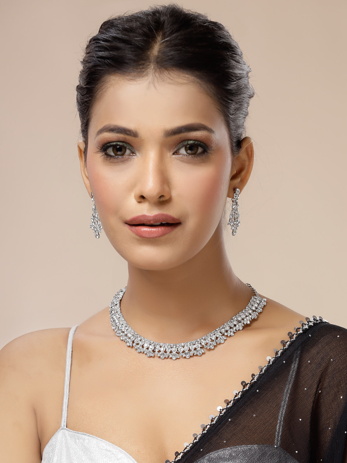 Sukkhi Pretty Stylish American Diamond Studded Rhodium Silver Plated Choker Necklace with Dangle Earring Jewellery Set for Women & Girls|Perfect for All Parties & Festive Occasions|NS107396