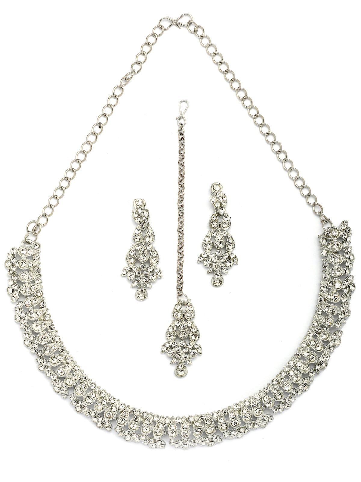 Sukkhi Pretty Stylish American Diamond Studded Rhodium Silver Plated Choker Necklace with Dangle Earring Jewellery Set for Women & Girls|Perfect for All Parties & Festive Occasions|NS107396