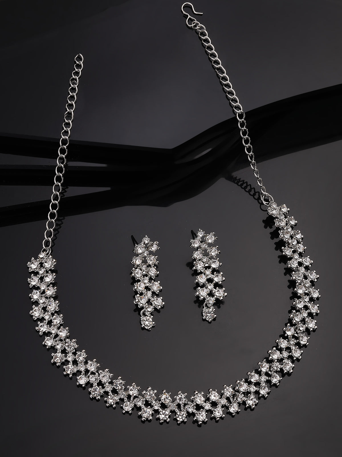 Sukkhi Attractive AD Diamond Studded Rhodium Silver Plated Choker Necklace with Dangle Earring Jewellery Set For Women & Girls|Best Suits for All Festive Occasions|NS107397