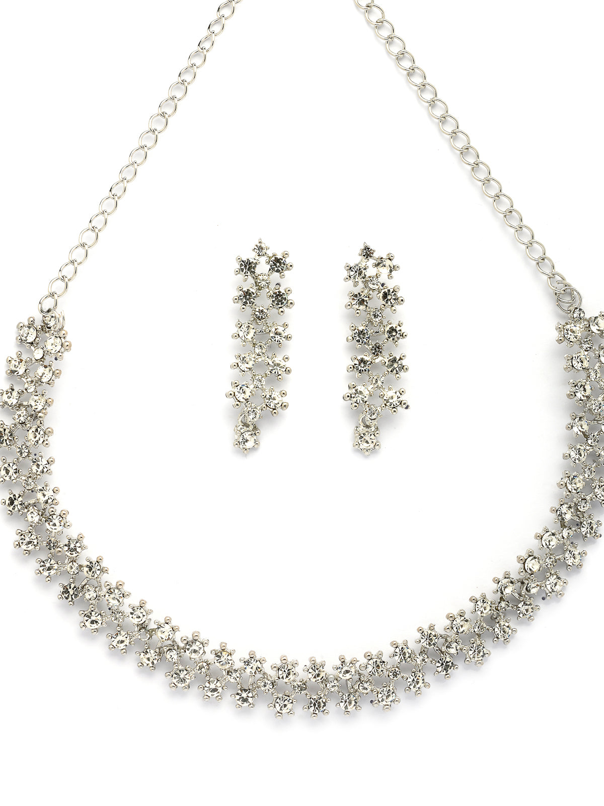 Sukkhi Attractive AD Diamond Studded Rhodium Silver Plated Choker Necklace with Dangle Earring Jewellery Set For Women & Girls|Best Suits for All Festive Occasions|NS107397