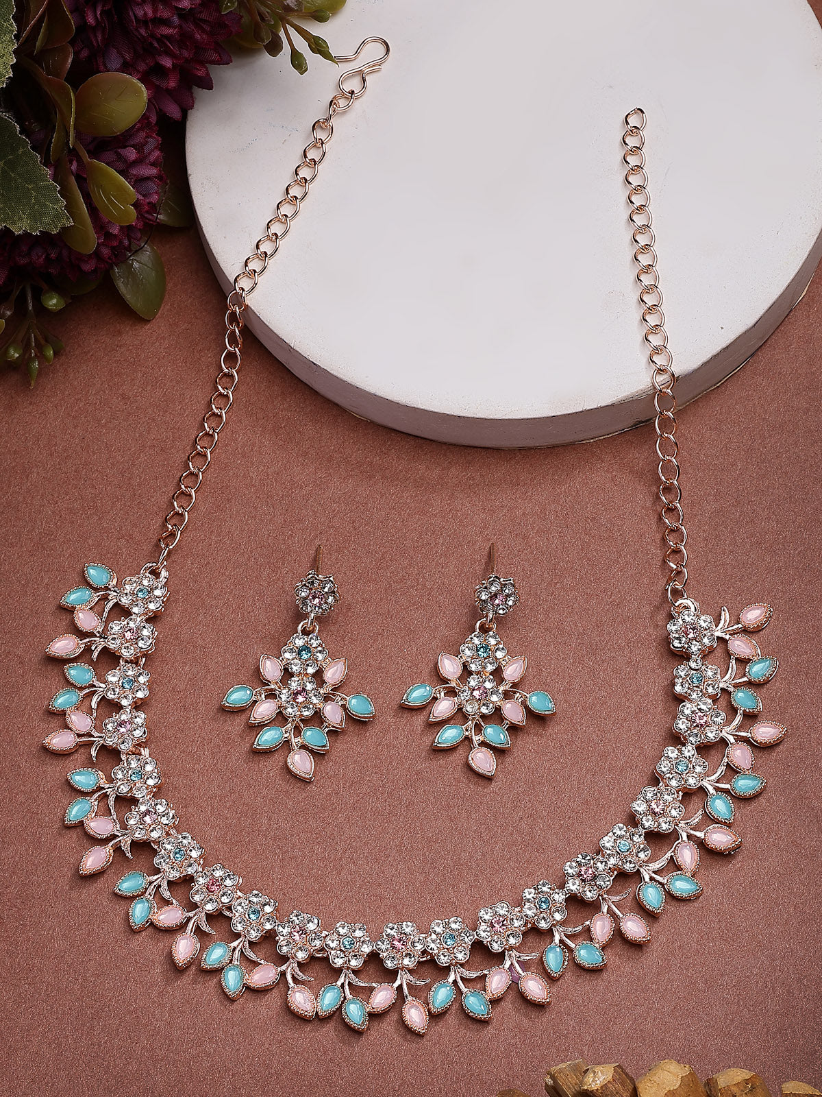 Sukkhi Charming Design Gold Plated AD Stone with Floral & Leaf Shaped Pink & Aqua Blue Choker Necklace with Dangle Earring Jewellery Set For Women & Girls|NS107398
