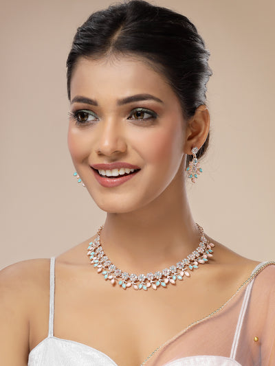 Sukkhi Charming Design Gold Plated AD Stone with Floral & Leaf Shaped Pink & Aqua Blue Choker Necklace with Dangle Earring Jewellery Set For Women & Girls|NS107398