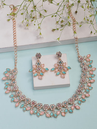 Sukkhi Charming Design Gold Plated AD Stone with Floral & Leaf Shaped Pink & Aqua Blue Choker Necklace with Dangle Earring Jewellery Set For Women & Girls|NS107398