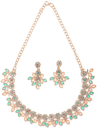 Sukkhi Charming Design Gold Plated AD Stone with Floral & Leaf Shaped Pink & Aqua Blue Choker Necklace with Dangle Earring Jewellery Set For Women & Girls|NS107398
