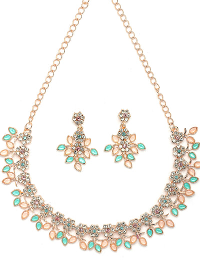 Sukkhi Charming Design Gold Plated AD Stone with Floral & Leaf Shaped Pink & Aqua Blue Choker Necklace with Dangle Earring Jewellery Set For Women & Girls|NS107398