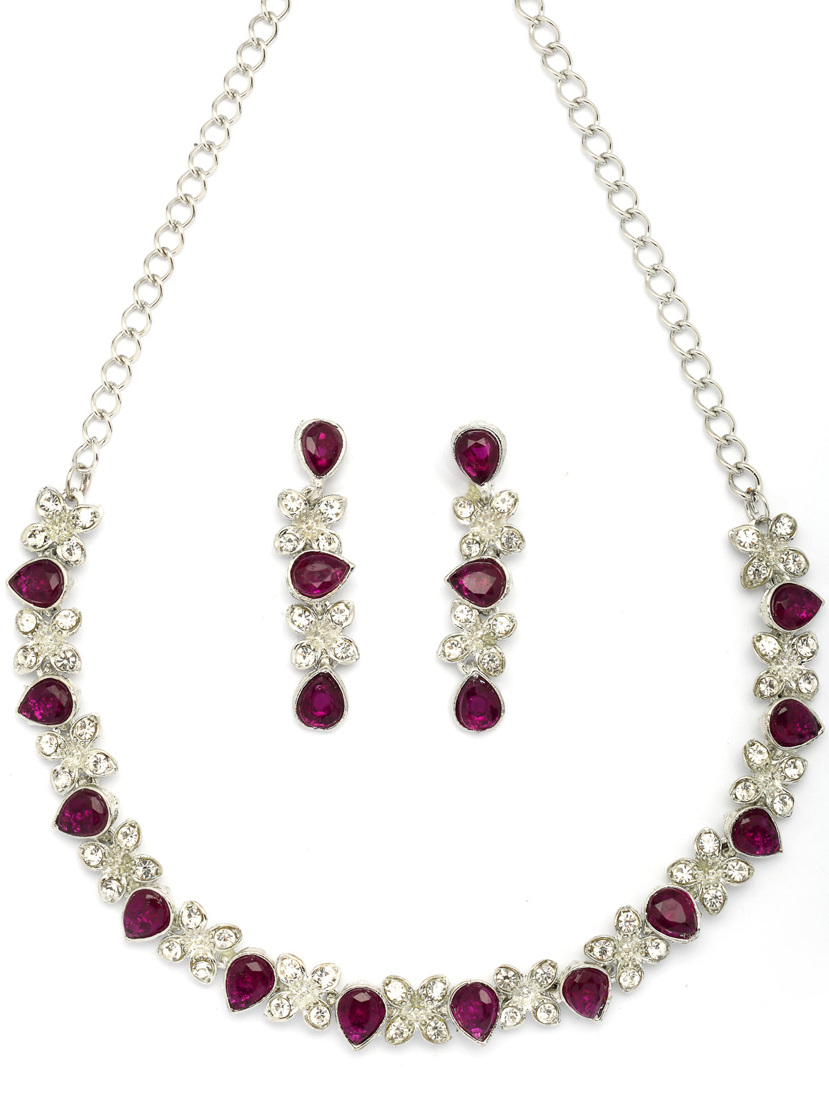 Sukkhi Princess Style AD Stone with Rhodium Plated Silver Red Choker Necklace with Drop Earring Jewellery Set For Women & Girls|NS107399