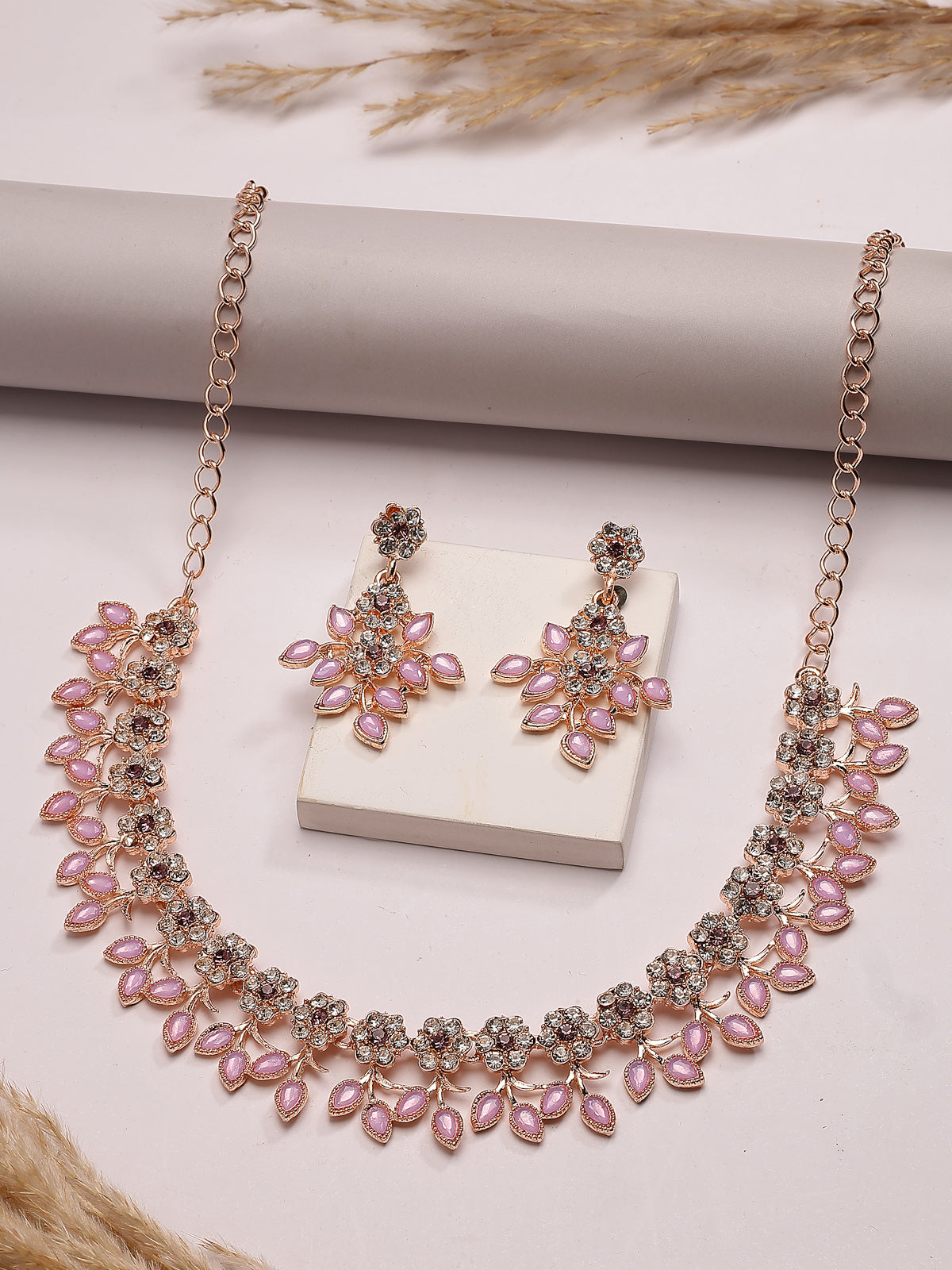 Sukkhi Charming Design Gold Plated AD Stone with Floral & Leaf Shaped Pink Choker Necklace with Dangle Earring Jewellery Set For Women & Girls|NS107400