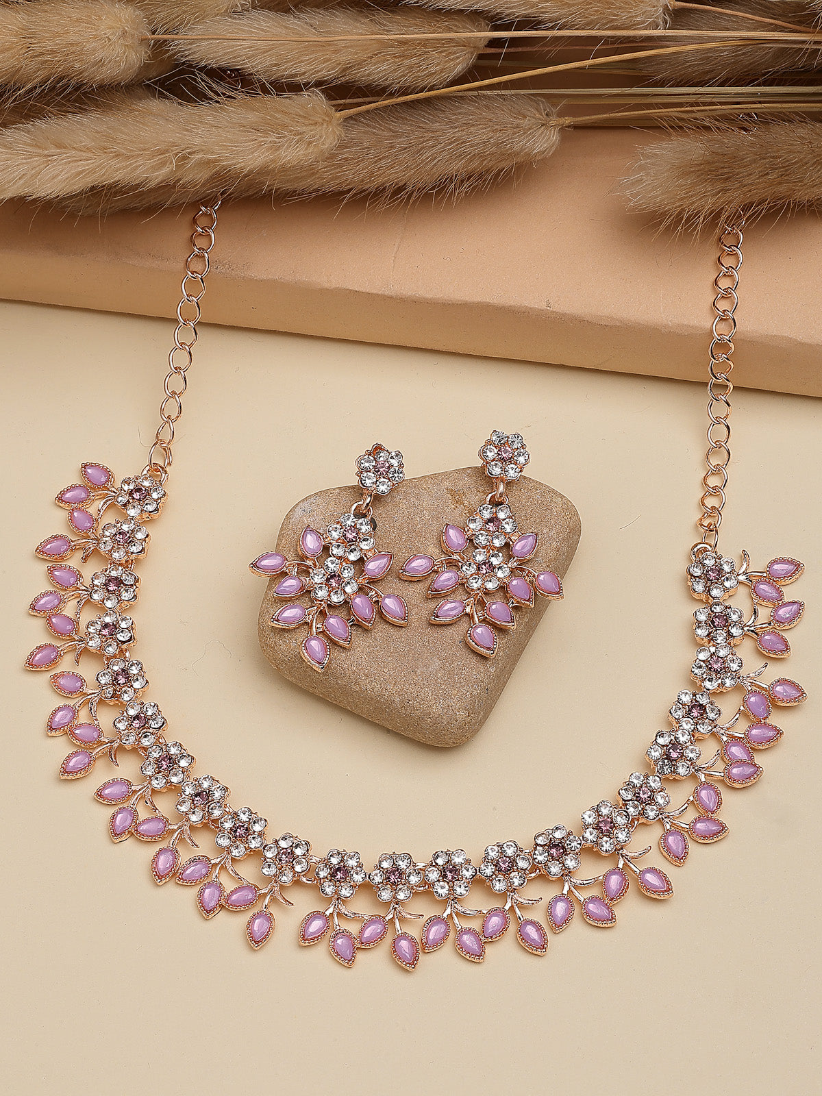 Sukkhi Charming Design Gold Plated AD Stone with Floral & Leaf Shaped Pink Choker Necklace with Dangle Earring Jewellery Set For Women & Girls|NS107400