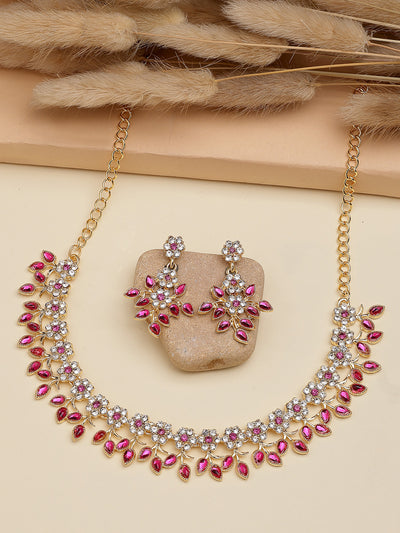 Sukkhi Charming Design Gold Plated AD Stone with Floral & Leaf Shaped Rani Pink Choker Necklace with Dangle Earring Jewellery Set For Women & Girls|NS107401
