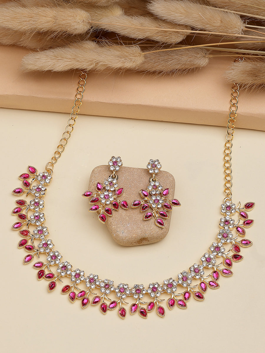 Sukkhi Charming Design Gold Plated AD Stone with Floral & Leaf Shaped Rani Pink Choker Necklace with Dangle Earring Jewellery Set For Women & Girls|NS107401
