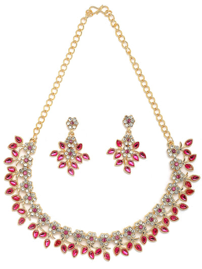 Sukkhi Charming Design Gold Plated AD Stone with Floral & Leaf Shaped Rani Pink Choker Necklace with Dangle Earring Jewellery Set For Women & Girls|NS107401