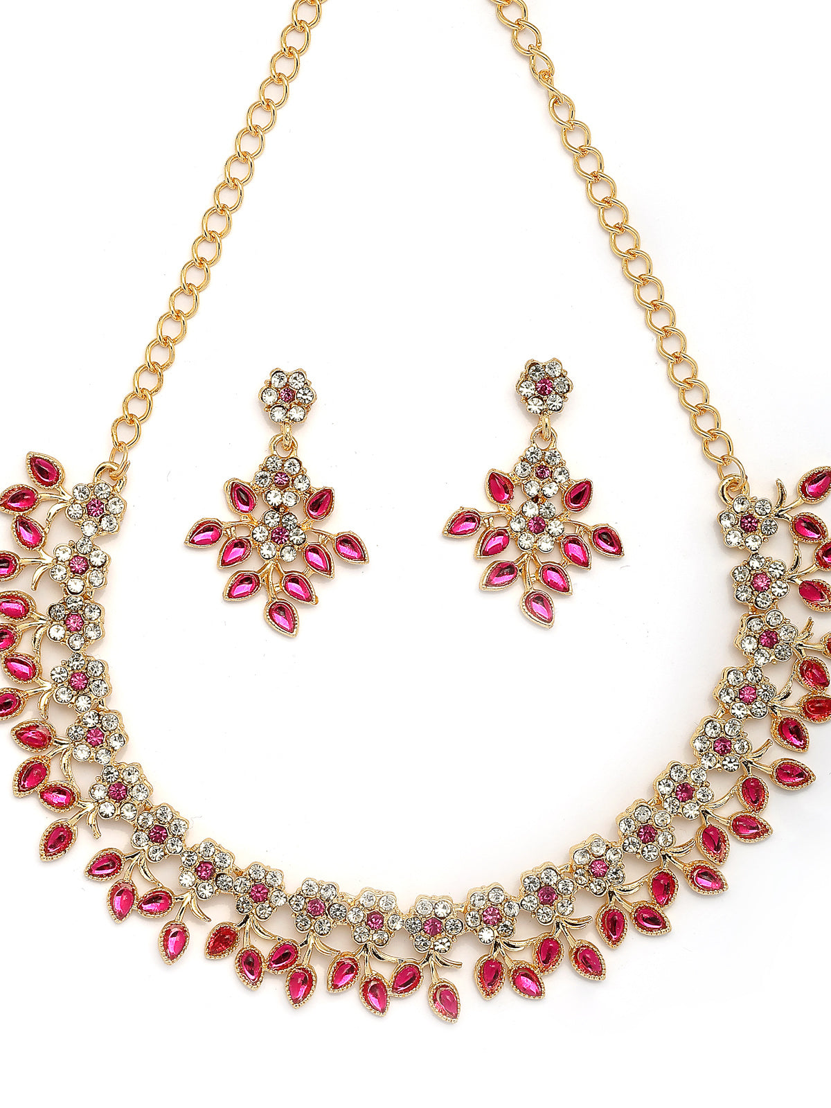 Sukkhi Charming Design Gold Plated AD Stone with Floral & Leaf Shaped Rani Pink Choker Necklace with Dangle Earring Jewellery Set For Women & Girls|NS107401