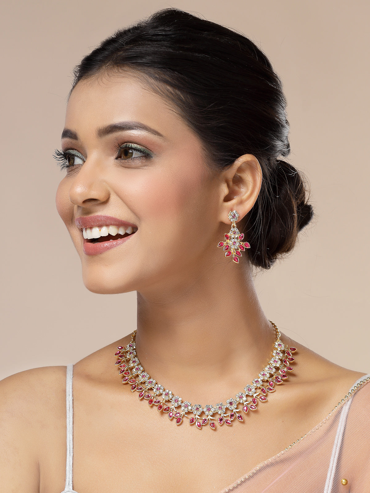 Sukkhi Charming Design Gold Plated AD Stone with Floral & Leaf Shaped Rani Pink Choker Necklace with Dangle Earring Jewellery Set For Women & Girls|NS107401