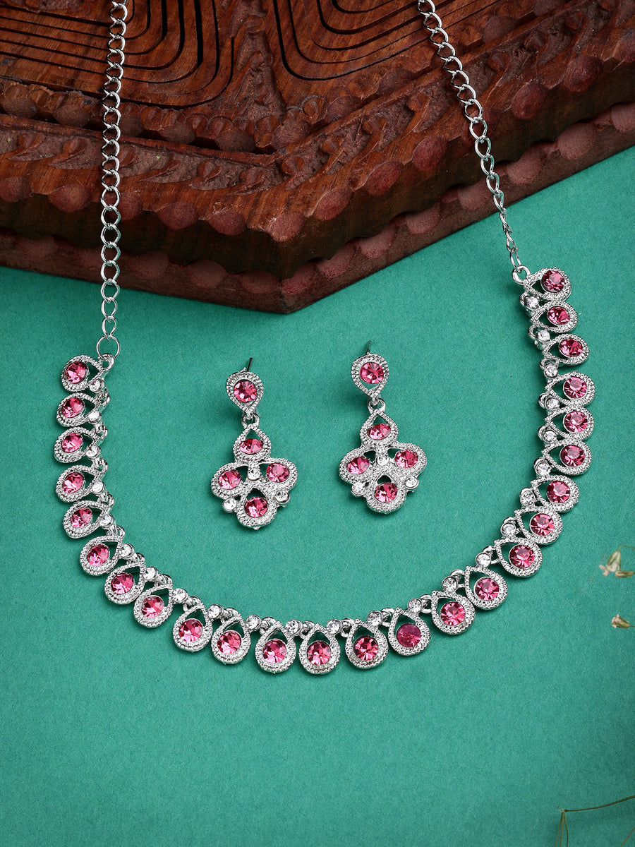Sukkhi Beautiful Fashion Style Rhodium Silver Plated AD Diamond Studded Pink Choker Necklace with Dangle Earring Jewellery Set For Women & Girls|NS107405