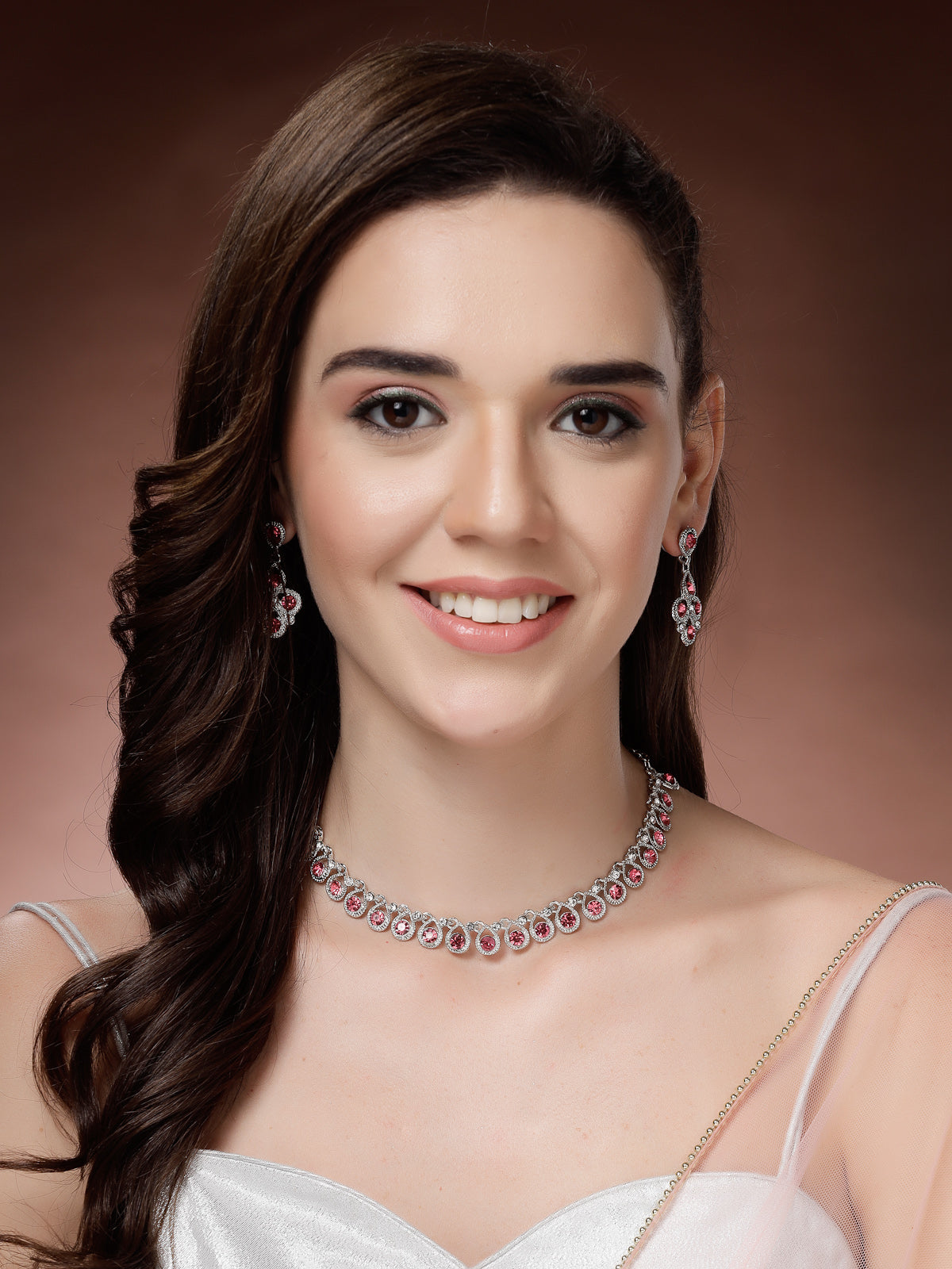 Sukkhi Beautiful Fashion Style Rhodium Silver Plated AD Diamond Studded Pink Choker Necklace with Dangle Earring Jewellery Set For Women & Girls|NS107405