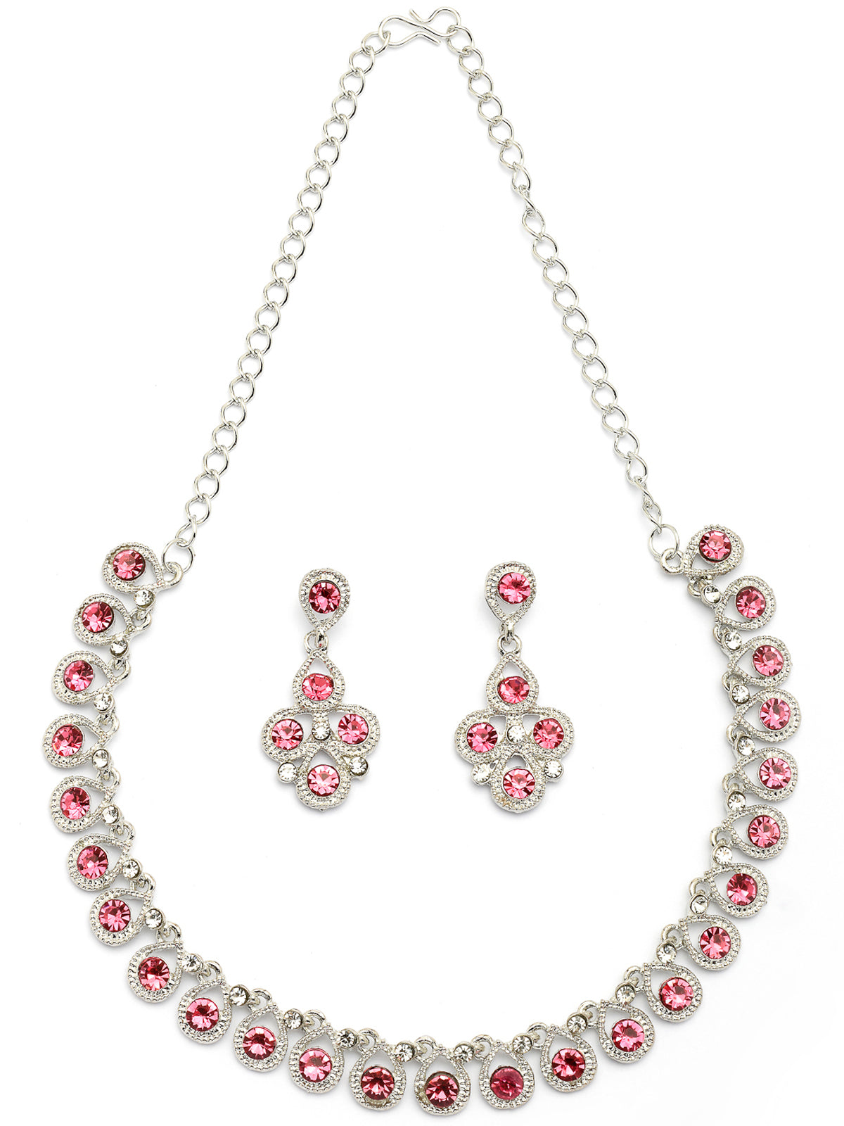 Sukkhi Beautiful Fashion Style Rhodium Silver Plated AD Diamond Studded Pink Choker Necklace with Dangle Earring Jewellery Set For Women & Girls|NS107405