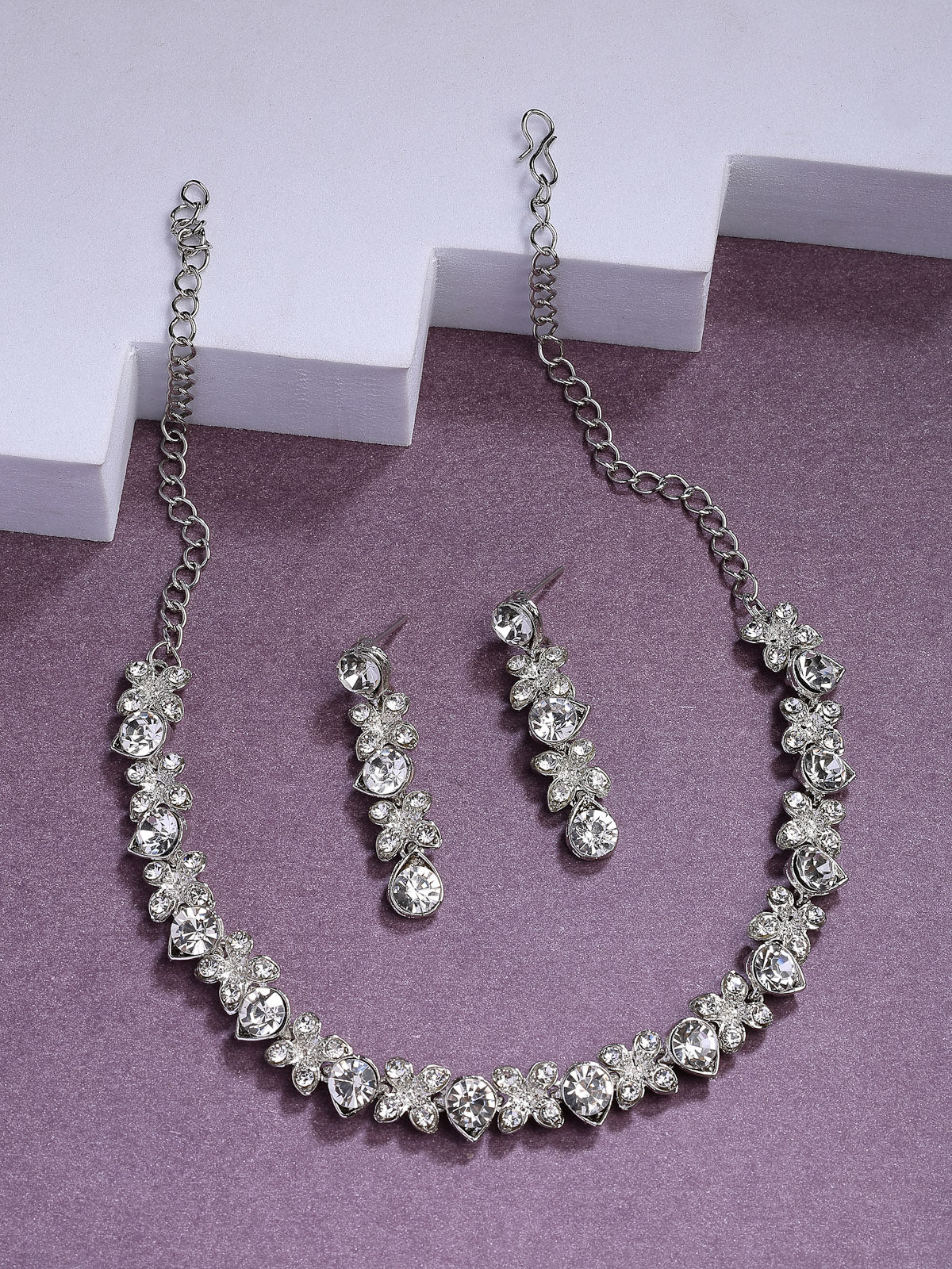 Sukkhi Princess Style AD Stone with Rhodium Plated Silver Choker Necklace with Drop Earring Jewellery Set For Women & Girls|NS107407