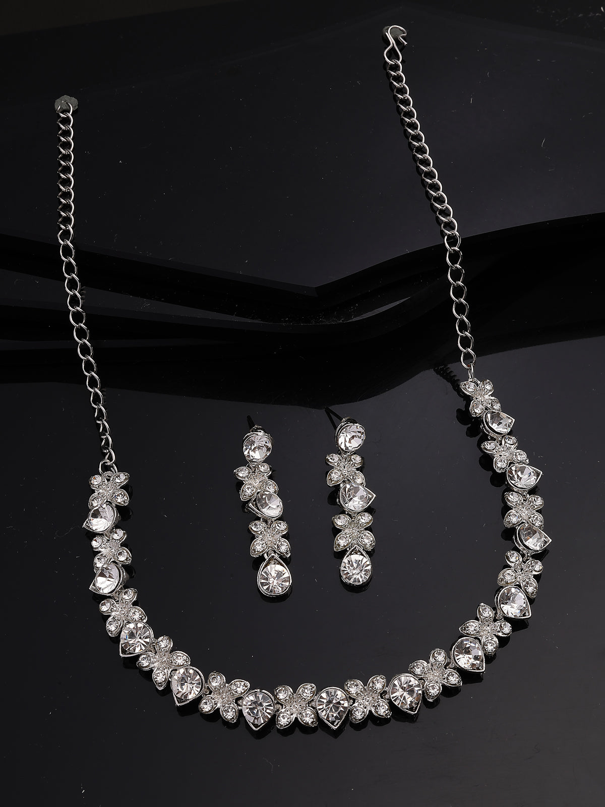 Sukkhi Princess Style AD Stone with Rhodium Plated Silver Choker Necklace with Drop Earring Jewellery Set For Women & Girls|NS107407