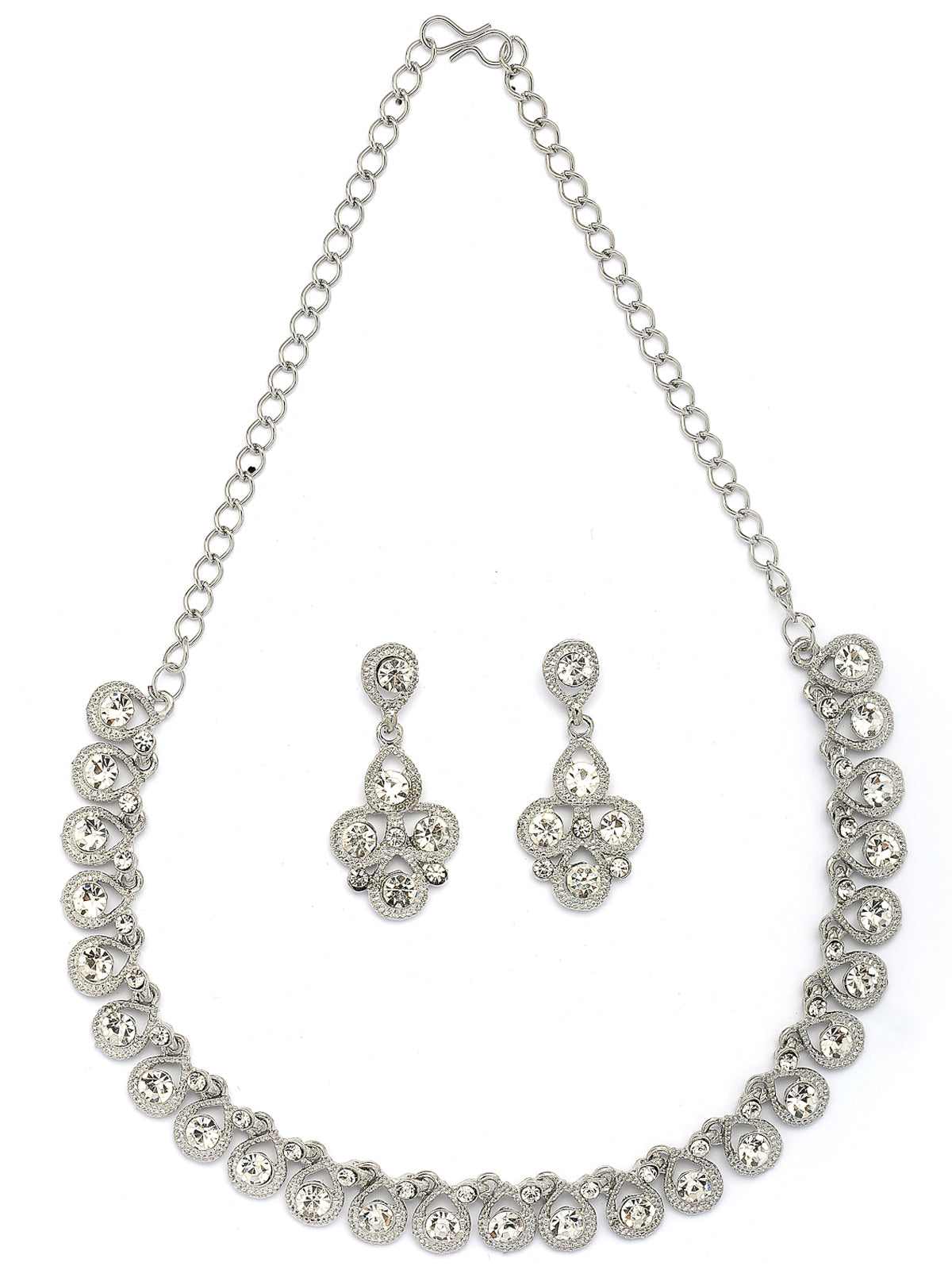 Sukkhi Beautiful Fashion Style Rhodium Silver Plated AD Diamond Studded Choker Necklace with Dangle Earring Jewellery Set For Women & Girls|NS107408
