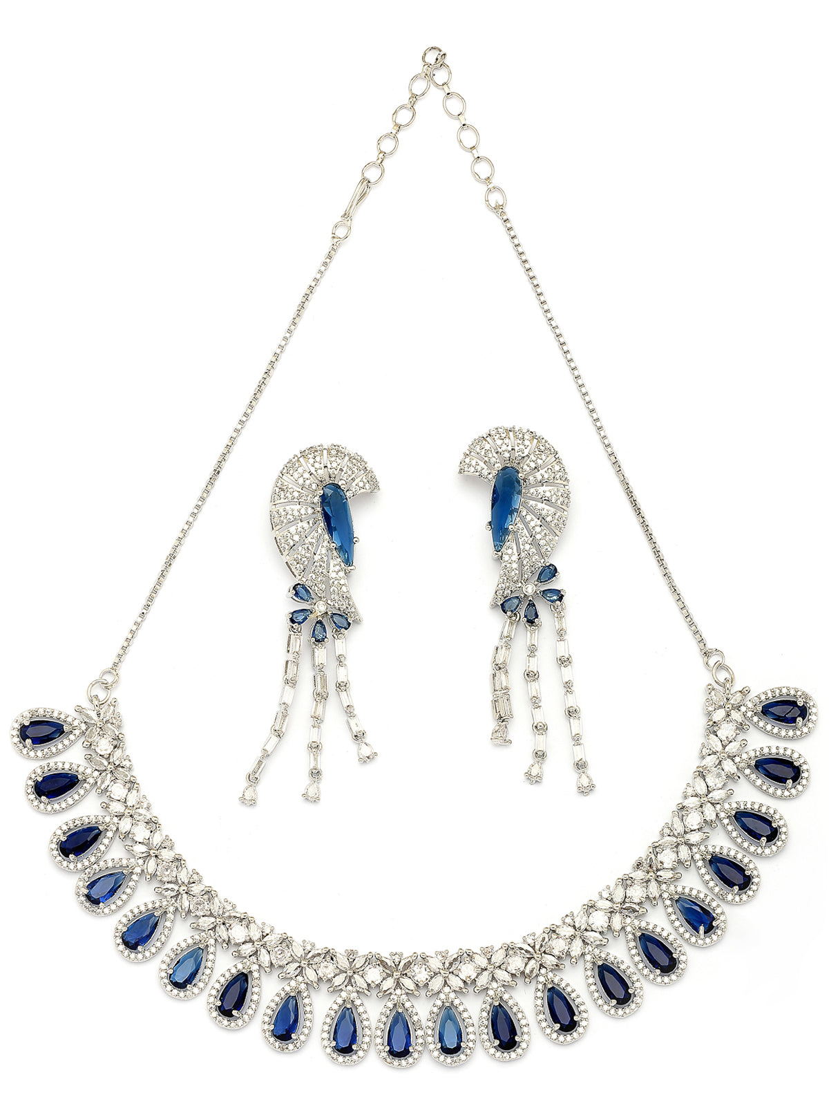 Sukkhi Lavish Fashionable Rhodium Plated Silver Toned & American Diamond StudsDrop Shaped Blue Choker Necklace With Dangle Earring Jewellery Set for Women & Girls|NS107409