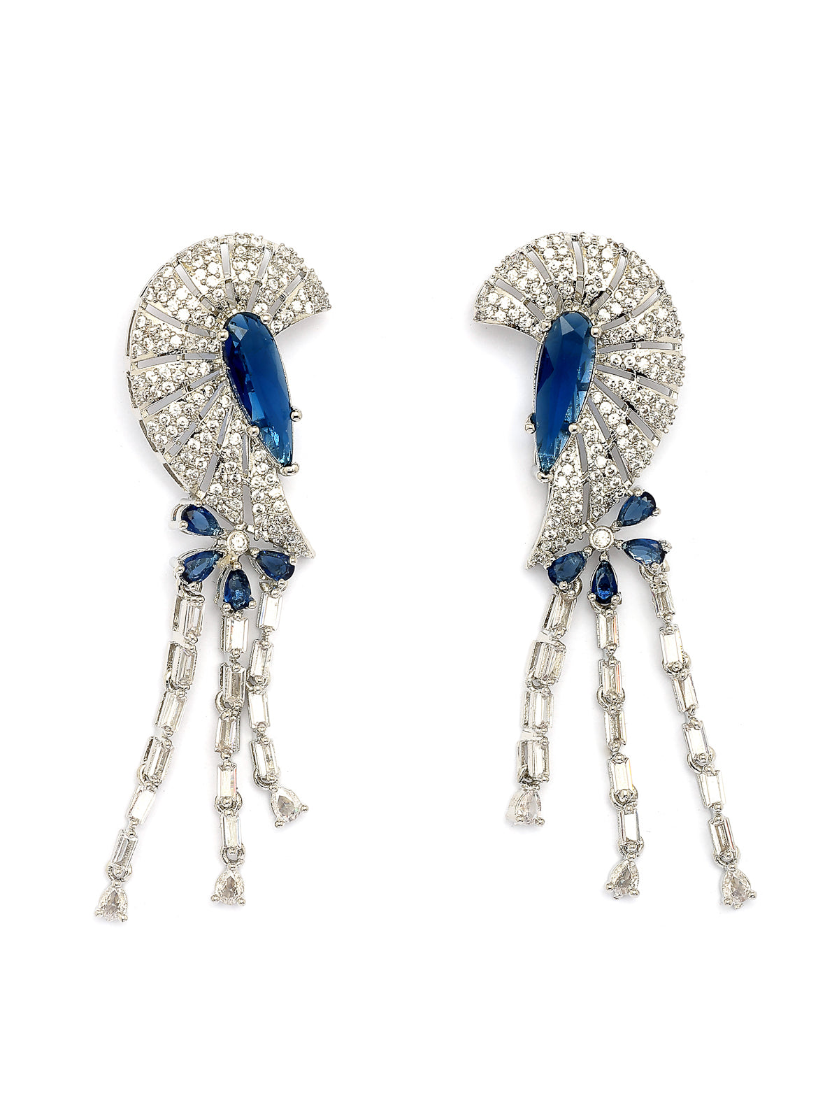 Sukkhi Lavish Fashionable Rhodium Plated Silver Toned & American Diamond StudsDrop Shaped Blue Choker Necklace With Dangle Earring Jewellery Set for Women & Girls|NS107409