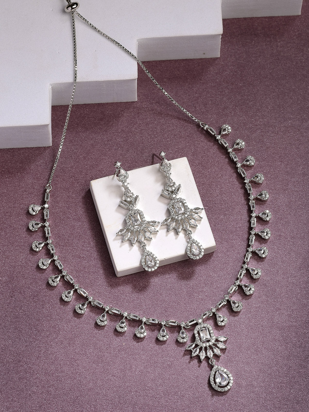 Sukkhi Impressive Stylish American Diamond Studded with Rhodium Silver Tone Plated Choker Necklace & Drop Earrings Jewellery Set for Women & Girs|NS107411