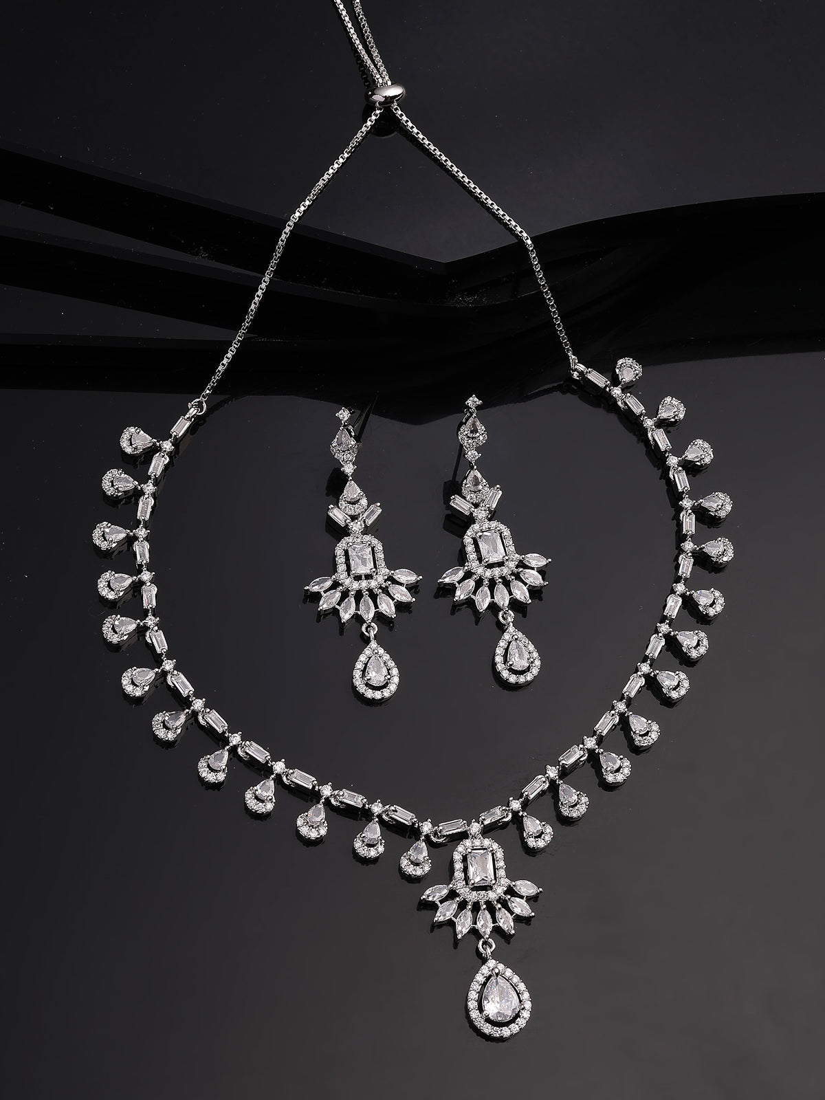 Sukkhi Impressive Stylish American Diamond Studded with Rhodium Silver Tone Plated Choker Necklace & Drop Earrings Jewellery Set for Women & Girs|NS107411