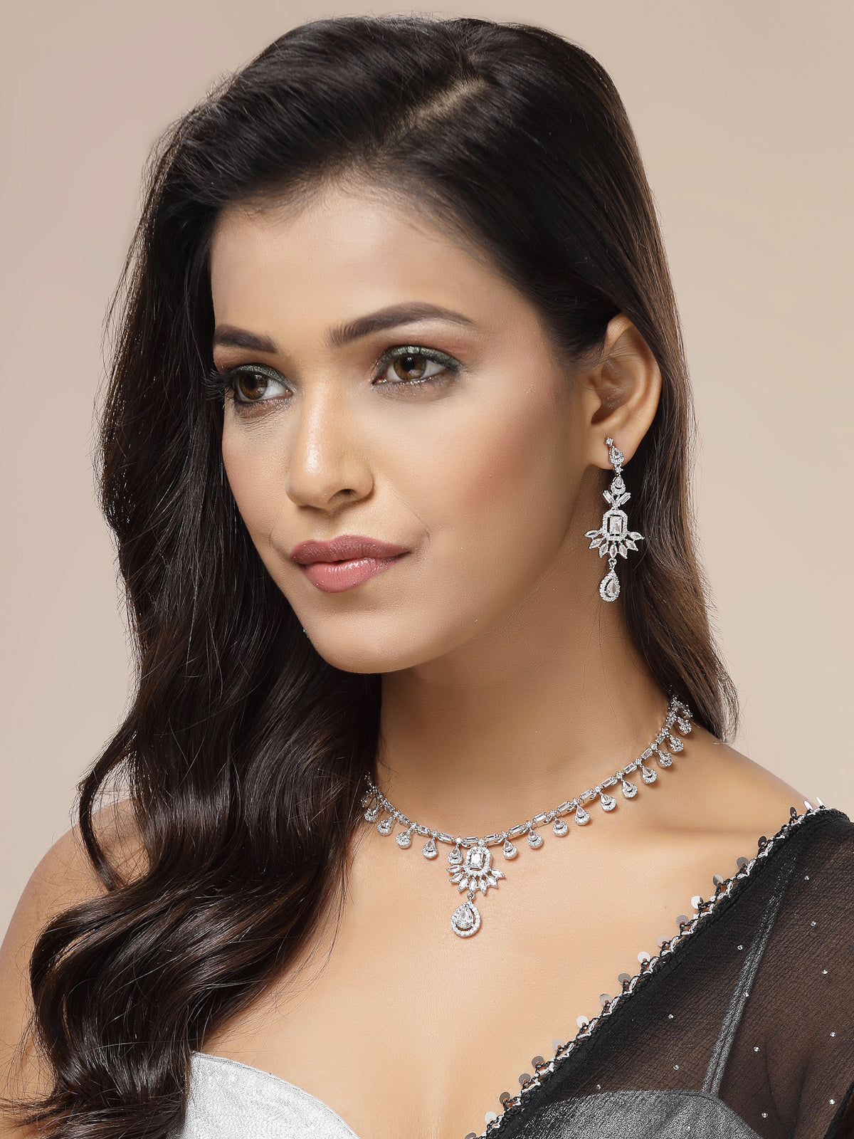 Sukkhi Impressive Stylish American Diamond Studded with Rhodium Silver Tone Plated Choker Necklace & Drop Earrings Jewellery Set for Women & Girs|NS107411