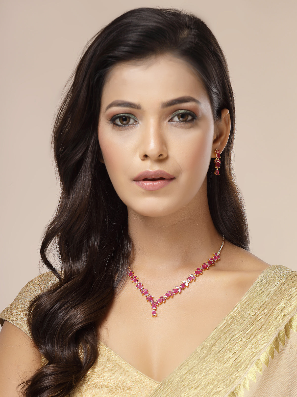 Sukkhi Delicate Gold Plated Ruby Choker Necklace with Drop Earring Jewellery Set For Women & Girls|NS107412