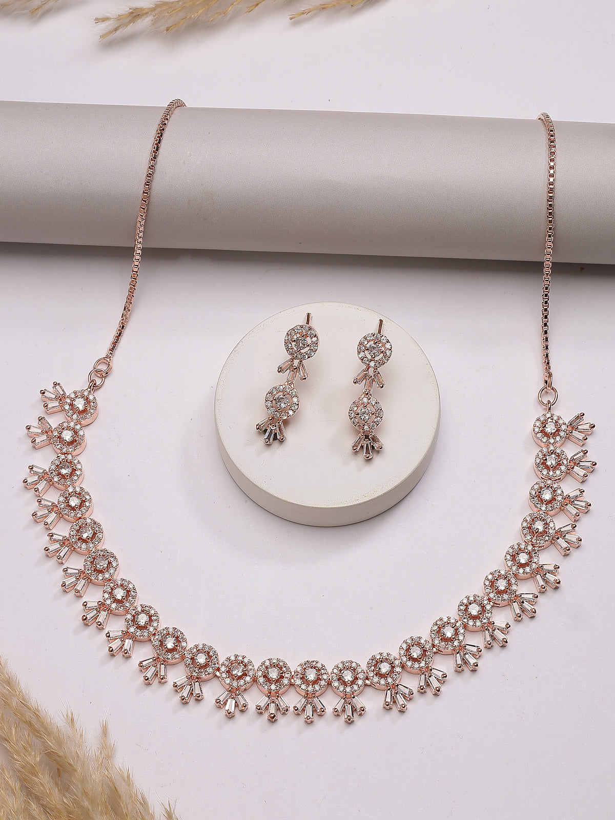 Sukkhi Sensational Stylish American Diamond Studded With Rose Gold Detailing Choker Necklace with Dangle Earring Jewellery Set For Women & Girls|NS107413